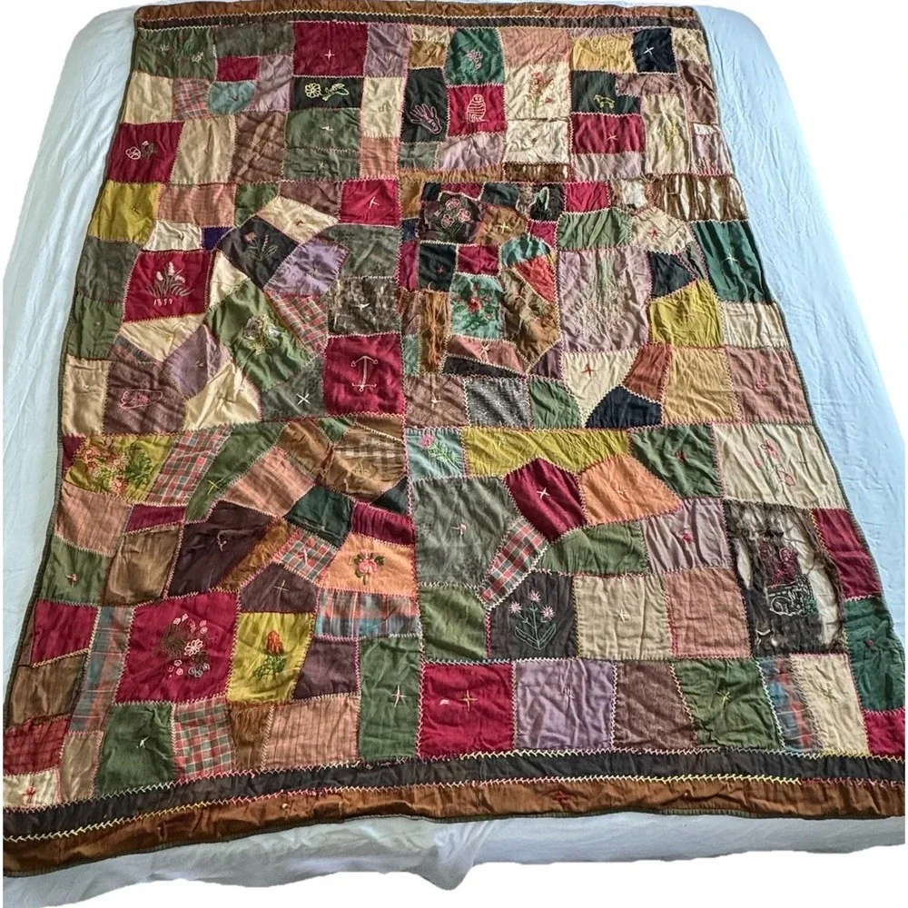 Antique‎ 1890s Tattered Crazy Quilt Hand Pieced Embroidered 60